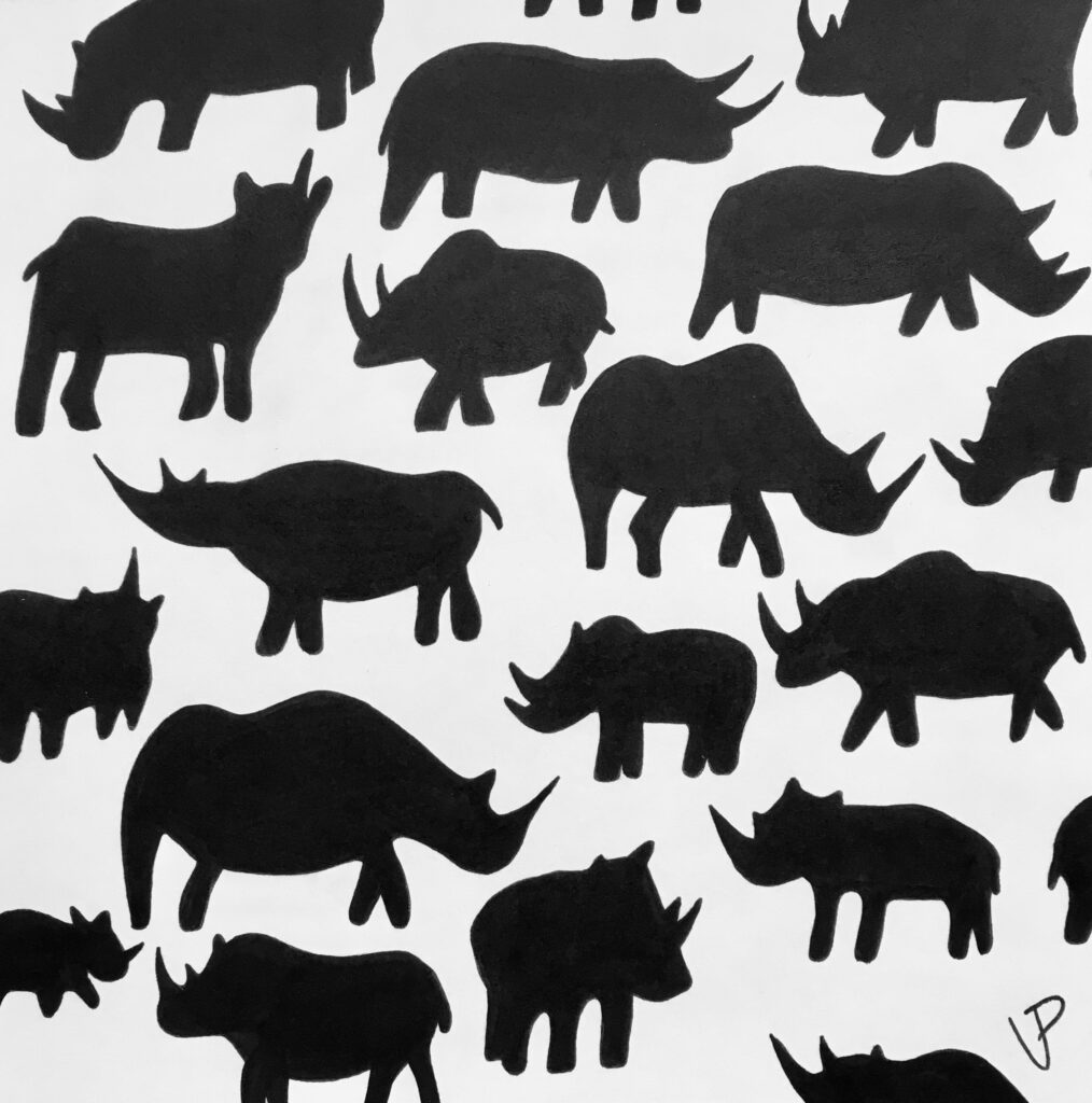 Black and white illustration of black rhinos